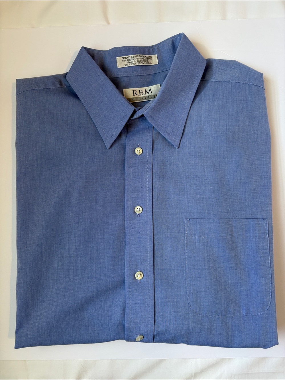 RBM Blue Broadcloth Dress Shirt 17.5 34/35 Wrinkle Free Single Needle